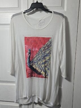 Lucky Brand White Tee with Peacock Graphic